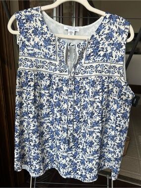 Tabitha White and Blue Floral Tie-Neck Sleeveless Top